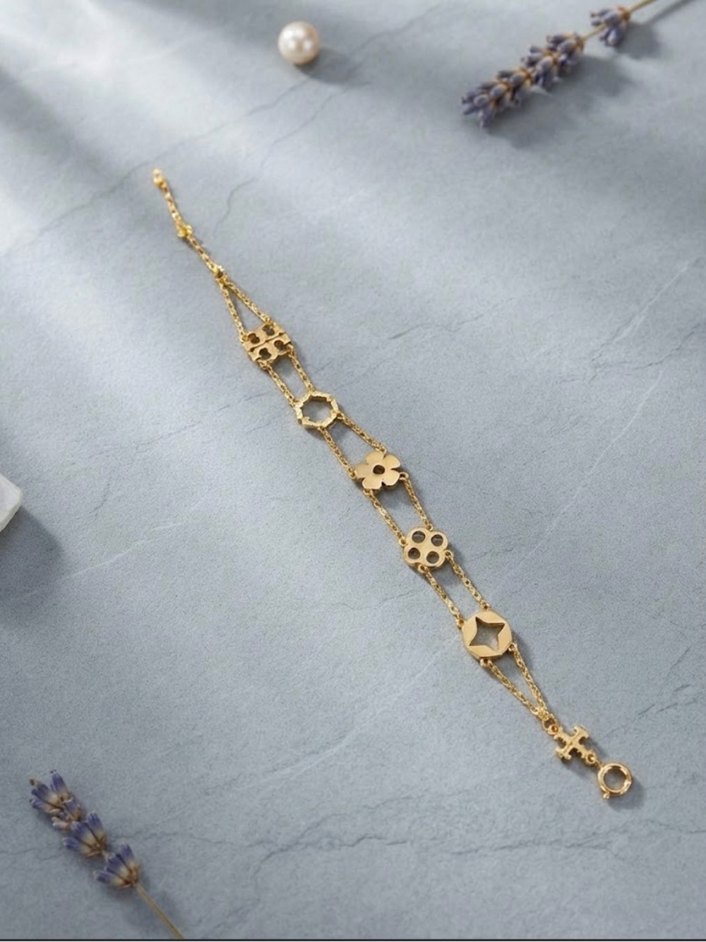 Tory Burch Gold-Tone Multi-Charm Double Chain Bracelet 7”.